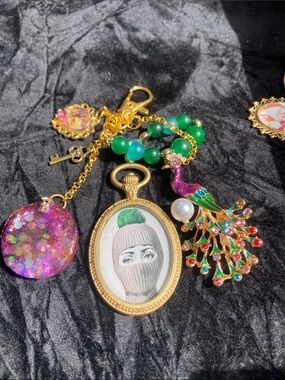 ✨Fornasetti Style Gold Vermeil Bag Charm Keychain | Italian Art Face Motif Y2K